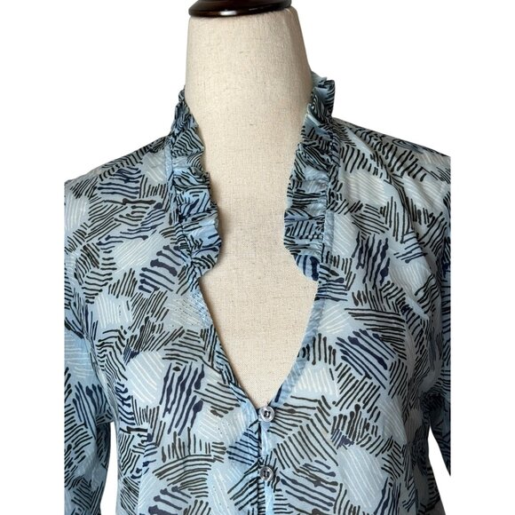 Waverly Grey Shirt Women Small Blue Abstract Chiffon Button Front Tie Waist Top - Picture 3 of 9